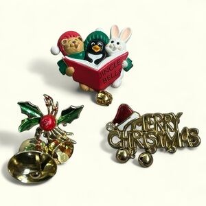 Vintage Rare bundle of Three holiday pins with bells, costume, Christmas, festiv